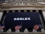 The Roblox logo is displayed on a banner on the front facade of the New York Stock Exchange (NYSE) in New York, US. 