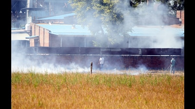 A farmer burns straw stubble in a field after the paddy crop harvest near Jaitu Mandi in Faridkot District, Punjab,Wednesday. (Sanjeev Kumar / Hindustan Times) A farmer burns straw stubble in a field after the paddy crop harvest near Jaitu Mandi in Faridkot District, Punjab,Wednesday. (Sanjeev Kumar / Hindustan Times)