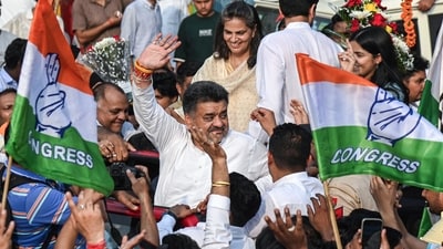 Congress candidate Chander Mohan celebrates his win from the Panchkula assembly seat. (ANI) Congress candidate Chander Mohan celebrates his win from the Panchkula assembly seat. (ANI)