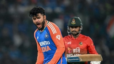 Riyan Parag roared in celebration after dismissing Mehidy Hasan Miraz. (AFP) Riyan Parag roared in celebration after dismissing Mehidy Hasan Miraz. (AFP)