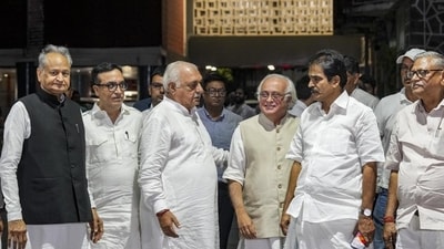 Congress leaders Pawan Khera, Ashok Gehlot, Ajay Maken, Bhupinder Singh Hooda, Jairam Ramesh, KC Venugopal and Udai Bhan come out after meeting Election Commissioners at Nirvachan Sadan, in New Delhi, on Wednesday. (PTI) Congress leaders Pawan Khera, Ashok Gehlot, Ajay Maken, Bhupinder Singh Hooda, Jairam Ramesh, KC Venugopal and Udai Bhan come out after meeting Election Commissioners at Nirvachan Sadan, in New Delhi, on Wednesday. (PTI)
