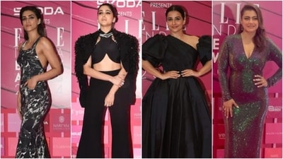 Kriti Sanon, Sharvari Wagh, Vidya Balan and Kajol at awards night. Kriti Sanon, Sharvari Wagh, Vidya Balan and Kajol at awards night.