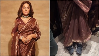 Hina Khan pairs her saree with sneakers. Hina Khan pairs her saree with sneakers.