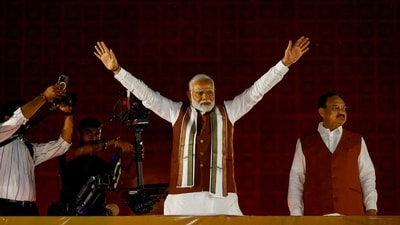 Indian Prime Minister Narendra Modi gestures, at the Bharatiya Janata Party (BJP) headquarters as BJP celebrates its win in the Haryana state assembly elections, in New Delhi, India, October 8, 2024. (REUTERS)