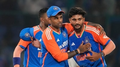 An all-round Nitish Kumar Reddy led the way as India thrashed Bangladesh by 86 runs and took an unassailable 2-0 lead in the three-match T20I series. Reddy smashed 74 off 34 balls and returned figures of 2/23 as India restricted Bangladesh to 135/9 after scoring 221/9. (AP) An all-round Nitish Kumar Reddy led the way as India thrashed Bangladesh by 86 runs and took an unassailable 2-0 lead in the three-match T20I series. Reddy smashed 74 off 34 balls and returned figures of 2/23 as India restricted Bangladesh to 135/9 after scoring 221/9. (AP)