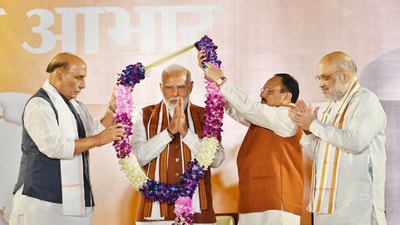 Prime Minister Narendra Modi being facilitated by Union minister and BJP national president JP Nadda, home minister Amit Shah and defence minister Rajnath Singh at the party headquarters in New Delhi on October 8, 2024. (Vipin Kumar/ Hindustan Times) Prime Minister Narendra Modi being facilitated by Union minister and BJP national president JP Nadda, home minister Amit Shah and defence minister Rajnath Singh at the party headquarters in New Delhi on October 8, 2024. (Vipin Kumar/ Hindustan Times)