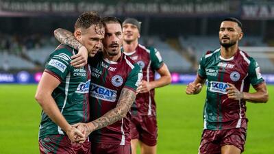 Mohun Bagan Super Giant players celebrate a goal in an Indian Super League in Kolkata on October 5. (AIFF) Mohun Bagan Super Giant players celebrate a goal in an Indian Super League in Kolkata on October 5. (AIFF)