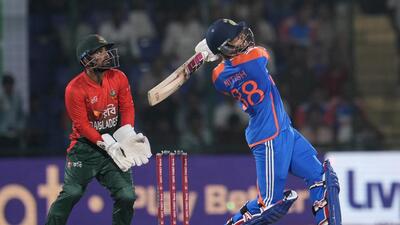 Nitish Kumar Reddy plays a shot during the second T20I versus Bangladesh in New Delhi on Wednesday.