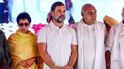 Congress leader Rahul Gandhi with party leaders Bhupinder Singh Hooda and Kumari Selja at an election meeting in Karnal on Sept 26 (PTI) Congress leader Rahul Gandhi with party leaders Bhupinder Singh Hooda and Kumari Selja at an election meeting in Karnal on Sept 26 (PTI)