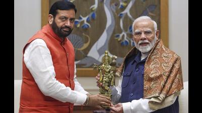 Prime Minister Narendra Modi with Haryana chief minister Nayab Singh Saini at a meeting in New Delhi on Wednesday. (PTI Photo) Prime Minister Narendra Modi with Haryana chief minister Nayab Singh Saini at a meeting in New Delhi on Wednesday. (PTI Photo)