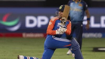 Smriti Mandhana plays a shot against Sri Lanka during their T20 World Cup match in Dubai on Wednesday. (AP) Smriti Mandhana plays a shot against Sri Lanka during their T20 World Cup match in Dubai on Wednesday. (AP)