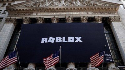 The Roblox logo is displayed on a banner on the front facade of the New York Stock Exchange (NYSE) in New York, US. (Reuters)