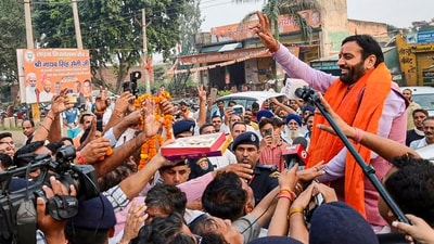 Haryana chief minister Nayab Saini greets supporters after winning the assembly elections from Ladwa constituency in Kurukshetra district, (PTI) Haryana chief minister Nayab Saini greets supporters after winning the assembly elections from Ladwa constituency in Kurukshetra district, (PTI)