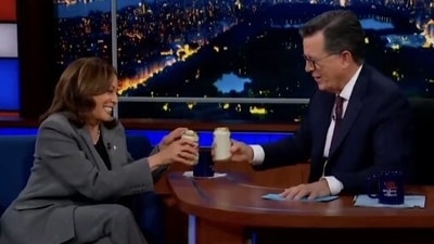 Kamala Harris cracked open a can of Miller High Life at the prompting of host Stephen Colbert. Kamala Harris cracked open a can of Miller High Life at the prompting of host Stephen Colbert.