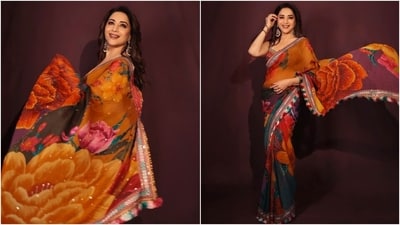 Madhuri Dixit never fails to impress us with her traditional looks. She looks dazzling in a printed chiffon saree adorned with a colourful border and sequin embellishments. The ctor rounded off the look with chandbalis, rings, and a sleeveless blouse.&nbsp; 