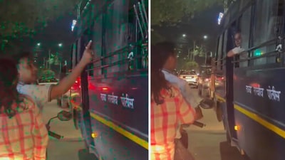 In the clip, recorded at a traffic signal in Maharashtra, a man and a woman are seen on a bike next to a police van. (X/@Arhantt_pvt) In the clip, recorded at a traffic signal in Maharashtra, a man and a woman are seen on a bike next to a police van. (X/@Arhantt_pvt)