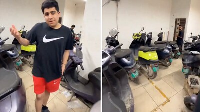The camera pans to show a dozen Ola scooters parked in a cramped area. (X/@kapsology)