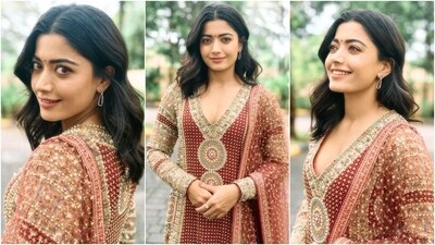 Rashmika styled the ensemble with Kolhapuri-style sandals, rings, and dainty earrings. She left her hair loose, styled in a centre parting and soft waves. A bindi, feathered brows, minimal makeup, and pink lips rounded off the glam.&nbsp; 
