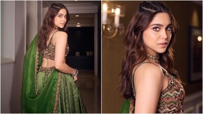 Sharvari styled the outfit with centre-parted loose locks adorned with crown braids. Lastly, a choker necklace, jhumkis, bangles, and a ring rounded off the accessories.&nbsp; 