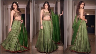Sharvari Wagh's printed green Punit Balana lehenga adorned in colourful thread embroidery and gold sequins is a perfect Garba night look. The ensemble will help you steal the show during festivities.&nbsp; 
