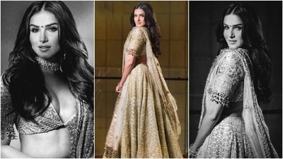 Tara Sutaria is a vision to behold in this heavily embroidered ivory lehenga set from Itrh. It features a plunging-neck blouse, a heavy ghera lehenga, and a net dupatta. She wore the ensemble with a choker necklace, earrings, minimal glam, and a bindi.&nbsp; 