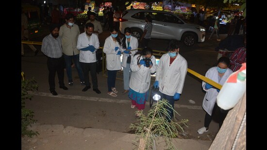 Forensic team at the crime scene in Manimajra, Chandigarh, on Wednesday. (Sant Arora/HT)
