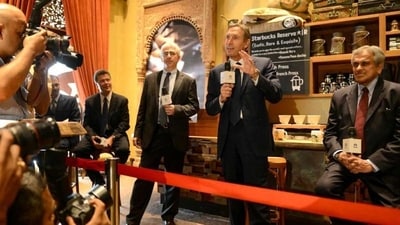 Starbucks' Howard Schultz speaks as then vice chairman of Tata Global Beverages RK Krishnakumar watches during a news conference at the country's first newly-inaugurated Starbucks outlet in Mumbai. (Punit Paranjpe/AFP) Starbucks' Howard Schultz speaks as then vice chairman of Tata Global Beverages RK Krishnakumar watches during a news conference at the country's first newly-inaugurated Starbucks outlet in Mumbai. (Punit Paranjpe/AFP)