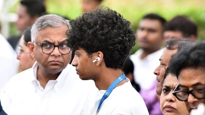 Tata Group Chairman Natarajan Chandrasekaran and Ratan Tata’s close aide Shantanu Naidu arrived at the NCPA lawns in Mumbai on Thursday to pay their final respects to the late industrialist. (ANI)