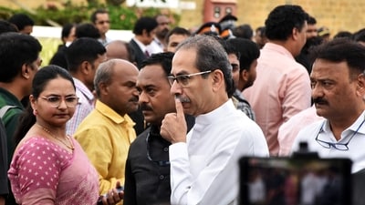 Shiv Sena (Uddhav Balasaheb Thackeray) leader Uddhav Thackeray visited the NCPA lawns in Mumbai on Thursday to pay his last respects to Ratan Tata. (ANI)