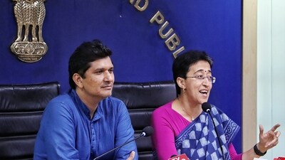 Delhi Chief Minister Atishi along with Delhi Minister Saurabh Bhardwaj addressing a press conference,at the Secretariat in New Delhi on Thursday. (ANI)