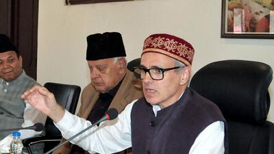 NC president Farooq Abdullah and vice-president Omar Abdullah during a meeting of party MLAs at its headquarters in Srinagar (ANI)