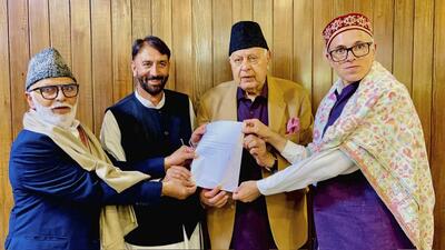 NC president Farooq Abdullah and vice-president Omar Abdullah after the legislature party meeting. (PTI) NC president Farooq Abdullah and vice-president Omar Abdullah after the legislature party meeting. (PTI)