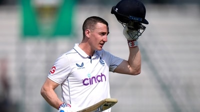 England's Harry Brook acknowledges crowd as he walks off the field after his dismissal on 317 run during the fourth day of the first Test (AP) England's Harry Brook acknowledges crowd as he walks off the field after his dismissal on 317 run during the fourth day of the first Test (AP)