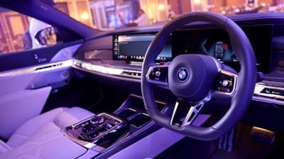 An interior of a BMW i7 electric car is seen during a press conference announcing a joint venture between Tata Technologies and BMW Group, in Mumbai, India, October 8, 2024 (Francis Mascarenhas/Reuters)