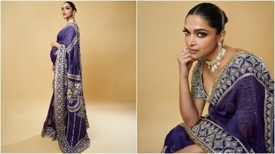 Deepika Padukone looked stunning in a custom Torani purple saree, adorned with intricate handiwork, and paired with a heavily embroidered blouse. She completed the look with a choker necklace and earrings for a touch of elegance. (Instagram)