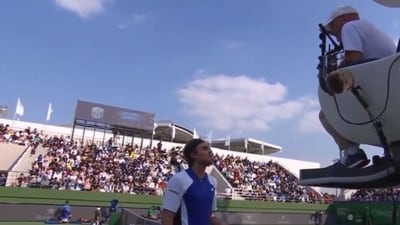 Stefanos Tsitsipas argues with the chair umpire. Stefanos Tsitsipas argues with the chair umpire.