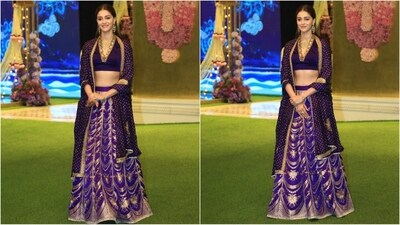 Ananya Panday dazzled in a purple lehenga by Raw Mango, featuring a V-neckline blouse with golden detailing. She paired it with a matching skirt and an exquisite dupatta draped elegantly over her shoulders, exuding grace and charm. (HT photo/VarinderChawla)