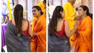 Kajol recently engaged in a playful banter with Rani Mukerji at Durga Puja pandal. Kajol recently engaged in a playful banter with Rani Mukerji at Durga Puja pandal.