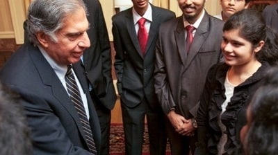 Ratan Tata with students at the 2012 Tata Scholars Reception. (Cornell University) Ratan Tata with students at the 2012 Tata Scholars Reception. (Cornell University)