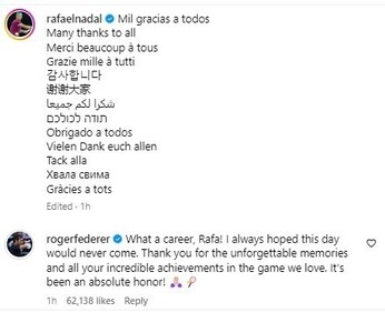 Federer paid tribute to Nadal in reply to the Spaniard's post announcing his retirement (Instagram) Federer paid tribute to Nadal in reply to the Spaniard's post announcing his retirement (Instagram)