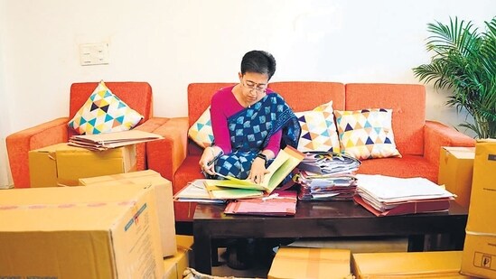 Delhi chief minister Atishi at her Kalkaji house in New Delhi on Thursday. (HT Photo)