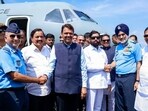 Maharashtra Chief Minister Eknath Shinde, Dy CM Devendra Fadnavis and others during inauguration of the Navi Mumbai Airport runway in Mumbai.