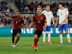 Belgium's Leandro Trossard celebrates scoring their second goal.