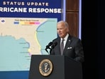 U.S. President Joe Biden delivers remarks on the initial impacts of Hurricane Milton, as well as the Federal government’s ongoing support to State and local officials in the South Court Auditorium of the Eisenhower Executive office building in Washington, U.S., October 10, 2024.