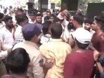 People stage protest at Nampally’s main road over the damage to goddess Durga idol.
