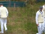 Nathan Lyon searches for the ball. Nathan Lyon searches for the ball.