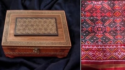 Prime Minister Narendra Modi gifted the (Double Ikat) Patan Patola scarf placed in Sadeli Box to Naly Sisoulith, the wife of President of Lao PDR, Thongloun Sisoulith, in Vientiane on Friday. The (Double Ikat) Patan Patola textile woven by the Salvi family in the Patan area of Northern Gujarat is so well crafted that it becomes a feast of colours, with the front and the back being indistinguishable. The Patan Patola is packed in a ‘Sadeli’ box, which in itself is a decorative piece. Prime Minister Narendra Modi gifted the (Double Ikat) Patan Patola scarf placed in Sadeli Box to Naly Sisoulith, the wife of President of Lao PDR, Thongloun Sisoulith, in Vientiane on Friday. The (Double Ikat) Patan Patola textile woven by the Salvi family in the Patan area of Northern Gujarat is so well crafted that it becomes a feast of colours, with the front and the back being indistinguishable. The Patan Patola is packed in a ‘Sadeli’ box, which in itself is a decorative piece.