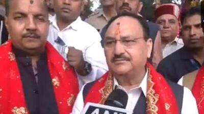 BJP chief JP Nadda speaking to the media after offering prayers at Naina Devi Temple in Bilaspur district of Himachal Pradesh on Friday. (ANI Photo)