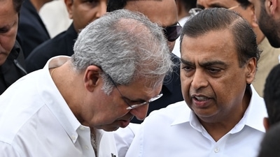 Mukesh Ambani (R), Chairman and Managing Director of Reliance Industries, speaks with Noel Tata, Chairman of Trent and Tata Investment Corporation, after paying his last respect to Indian industrialist Ratan Tata at the National Centre for the Performing Arts (NCPA) ahead of its cremation in Mumbai on October 10, 2024. Crowds of mourners gathered in India's financial capital Mumbai on October 10 for the funeral of industrialist Ratan Tata, hailed as a "titan" who led one of the country's biggest conglomerates. (Punit Paranjpe/AFP) Mukesh Ambani (R), Chairman and Managing Director of Reliance Industries, speaks with Noel Tata, Chairman of Trent and Tata Investment Corporation, after paying his last respect to Indian industrialist Ratan Tata at the National Centre for the Performing Arts (NCPA) ahead of its cremation in Mumbai on October 10, 2024. Crowds of mourners gathered in India's financial capital Mumbai on October 10 for the funeral of industrialist Ratan Tata, hailed as a "titan" who led one of the country's biggest conglomerates. (Punit Paranjpe/AFP)