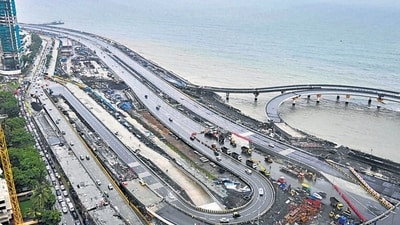Mumbai, India – July 11, 2024: An aerial view of Dharamveer, Swarajya Rakshik Chhatrapati Sambhaji Maharaj Mumbai Coastal Road Project Phase 3 North route opened for vehicular traffic from 11 July 2024 in Mumbai India, on Thursday, July 11, 2024. (Photo by Bhushan Koyande/HT Photo) Mumbai, India – July 11, 2024: An aerial view of Dharamveer, Swarajya Rakshik Chhatrapati Sambhaji Maharaj Mumbai Coastal Road Project Phase 3 North route opened for vehicular traffic from 11 July 2024 in Mumbai India, on Thursday, July 11, 2024. (Photo by Bhushan Koyande/HT Photo)